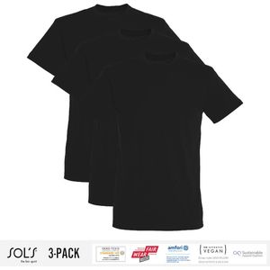 3 Pack Sol's Jongens/Meisjes T-Shirt 100% biologisch katoen Ronde hals Zwart Maat 118/128 (7/8 Jaar)