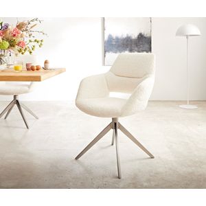 Eetkamerstoel Yago-Flex met armleuning kruisframe breed roestvrij staal bouclé wit 360° draaibaar pocketveer kern