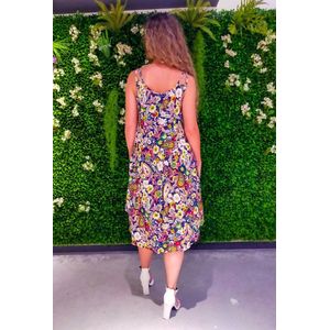 Dames jurk Lineke gebloemd motief donker blauw wit rood geel bruin groen zwart strandjurk maat 36-44