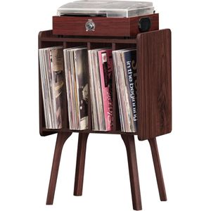 Houten platenstandaard met 4 kasten, Mid-Century vinyl platenspeler tafel met massief houten poten, houdt tot 100 albums, walnoot vinyl platen rek voor slaapkamer en woonkamer