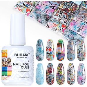Transfer Folie Stickers Set voor Nageldesign - 15ml Nagelfolielijm met 10 Zelfklevende Nagelfolie