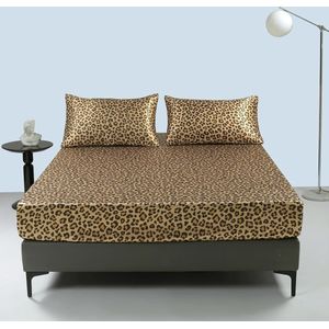 Hoeslaken 180 x 200 cm goud luipaardprint zijdeglanzend hoeslaken hoogwaardig satijnen luxe laken geschikt voor matrassen tot 25 cm