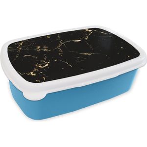 Broodtrommel Blauw - Lunchbox - Brooddoos - Marmer - Kalk - Zwart - Goud - 18x12x6 cm - Kinderen - Jongen