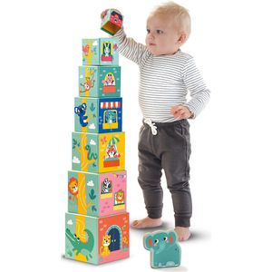 SES - Tiny Talents - Stapelblokken toren met dieren figuren - Montessori blokken - moderne, gekleurde illustraties - compact op te bergen
