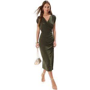 Trendyol Khaki Effen Gather / Drape Midi Gather Drape Detail Dubbelrijs Gebreide Jurk Twoss25El00098