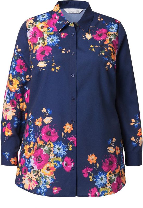 MIAMODA - Dames - Blouse A-lijn bloemmotief lange mouwen - Donkerblauw - Maat 42