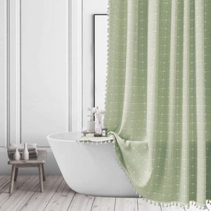 Stijlvolle Boho Douchegordijn Set in Zacht Saliegroen voor Badkamer