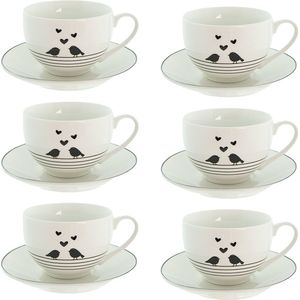 HAES DECO - Kop en Schotel set van 6 - inhoud 220 ml - kleuren Wit / Zwart - Bedrukt Porselein met Vogeltjes met hartje - Theeservies, Koffieservies, Theekoppen, Koffiekoppen, Cappuccino