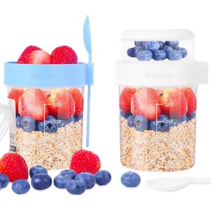 2 stuks yoghurtbekers To Go, mueslibeker To Go met lepel, 2-in-1 mueslibeker (560 + 260 + 36 ml), mueslibeker voor vriezers en vaatwasser (blauw + wit)