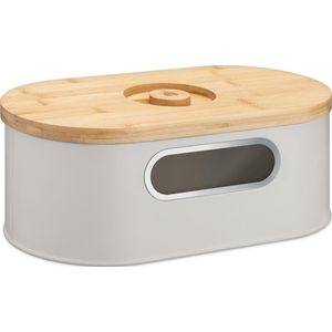 Navaris broodtrommel met houten deksel - Broodbox met snijplank als deksel - Ovale opbergbox met inkijk - 34,2 x 18,6 x 13 cm - Taupe