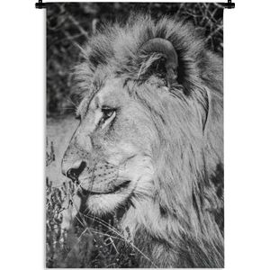 Wandkleed Leeuw in zwart wit - Mannelijke leeuw met manen Wandkleed katoen 120x180 cm - Wandtapijt met foto XXL / Groot formaat!