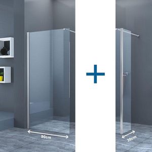 Diamond Line Eco Nano - Inloopdouche met Zijwand - 90x200 cm / 30x200 cm - Chroom - Antikalk - Helder Glas - 8mm Veiligheidsglas - Easy Clean