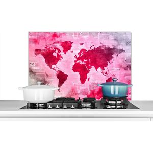 Spatscherm keuken 90x60 cm - Kookplaat achterwand Wereldkaart - Rood - Krant - Muurbeschermer - Spatwand fornuis - Hoogwaardig aluminium