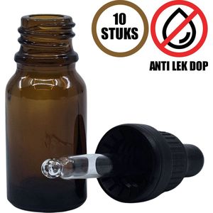 Pipetflesje 10 ml - 10 stuks - Druppelflesje met Pipet - Anti Lek - DIN 18 - Garantiesluiting - Pipetflesjes - voor Vloeistoffen - Amber - Bruin - Anti UV - Druppelflesjes - Druppelaar
