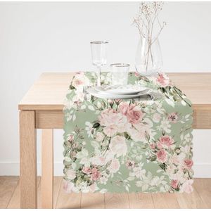 De Groen Home Bedrukt Velvet Tafelloper - Pastel roze bloemen- Runner 45x135cm - Tafel decoratie woonkamer