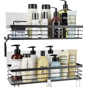 Doucherek Dubbeldelig Zonder Boren RVS (Zwart) met Mand - Badkamer Organiser - 2 Stuks Wasmachine rek