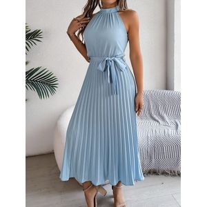 Damesjurk Lange mouwloze casual midi-jurk Hoge taille V-hals ruches geplooide zomerjurk Lichtblauw L