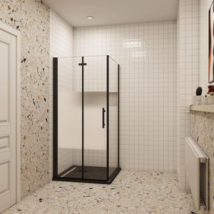76x70x195cm douchecabine met inklapbare vouwdeur en vaste zijwand, 6mm helder EasyClean veiligheidsglas met matte folie middelban,mat zwarte aluminium frame.