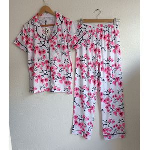 Dames 2- Delige -Pyjama- Luxe Pyjamaset- Nachtkleding- Homewear -Katoen- Cadeauset voor Vrouwen- Zomer- Bloemen Print Maat M