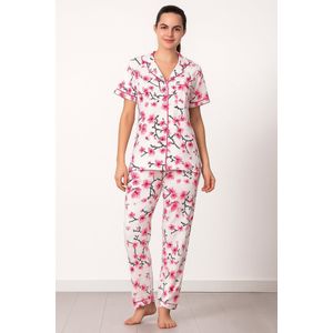 Dames 2- Delige -Pyjama- Luxe Pyjamaset- Nachtkleding- Homewear -Katoen- Cadeauset voor Vrouwen- Zomer- Bloemen Print Maat S