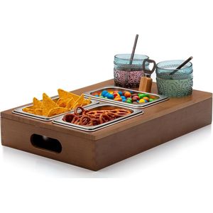 Snachbox sofatdienblad, bank, bar, 3 schalen voor chips en snacks, bekerhouder, dienblad met plank van hout (bamboe) als butler voor bank of bed, organizer, baraccessoires