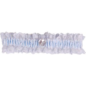 Kousenband blauw met kant en strass knoopje