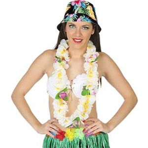 Carnaval verkleed set - Tropische Hawaii party - bucket hoedje zwart - bloemenslinger wit - volwassenen