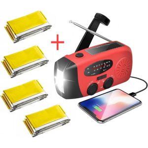 Noodradio + Waterdichte overlevingsdeken Set - Radio Op Batterijen (Accu) Voor Rampen - Oplaadbare radio 1stuks - Waterdichte overlevingsdeken 4 stuks - Oplaadbaar via batterij, zon, USB en opwinden - Reflecterende thermische nooddeken