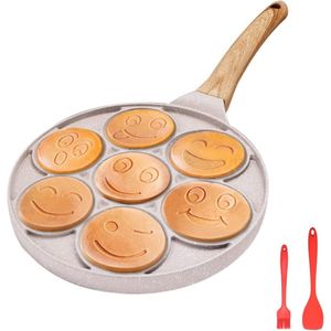 Pannenkoekenpan inductie, pannenkoekmaker met antiaanbaklaag 7 gaten met smileygezichten gebakken eierpan, voor kinderontbijt, 26 cm - wit