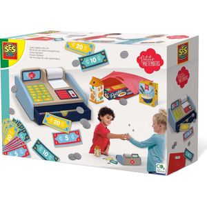 SES - Petits Pretenders - Kassa speelset - houten Montessori kassa - inclusief speelgeld, boodschappentas en 3 supermarktproducten