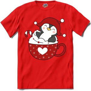 Hot choco pinguin kerst buddy - T-Shirt - Meisjes - Rood - Maat 12 jaar