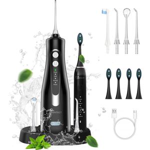 Dentect Waterflosser & Elektrische Tandenborstel – Monddouche & Sonische Tandenborstel - Tandsteen Verwijderaar - Neusdouche - 5 Poetsstanden – 4 Flosopzetstukken – 300ml Reservoir – Tandplak Verwijderen – Mond & Tandvlees Verzorgingsset