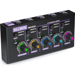 Compacte 4-kanaals Audiomixer voor Mono en Stereo – Ideaal voor Muziekinstrumenten en Podiuminstellingen