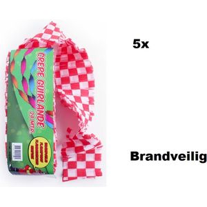 5x Crepe guirlande brandveilig rood/wit geblokt 24meter - BRANDVEILIG - Carnaval Brabant thema feest festival versiering