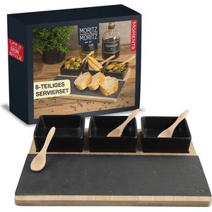 Moritz & Moritz 8-delige serveerschalen set zwart incl. lepel, serveerplank en leisteen plaat - keramische schalen set als tapas schalen, dip schaaltjes, snackschaal en tapas schalen