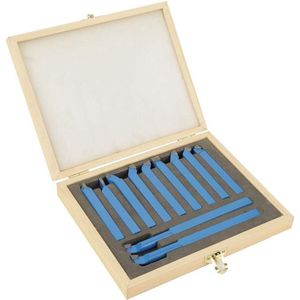 11-delige hardmetalen draaigereedschapset met houten koffer - getipte lasfrezen - snijgereedschapset