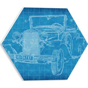 PVC Schuimplaat Hexagon - Blauwdruk van Oude Grote Auto - 30x26.1 cm Foto op Hexagon (Met Ophangsysteem)
