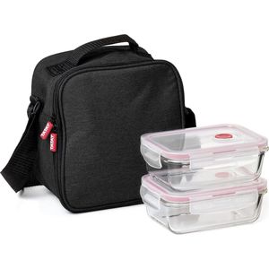 Kleine Koeltas, 3,5 L capaciteit, met 2 voedselcontainers van 0,57 L gemaakt van glas, zwart, 22 x 12 x 21,5 cm.