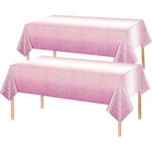 2x Tafelkleed Laken Verjaardag Versiering Tafeldecoratie Feest Roze/Wit Glitter Tafellaken Plastic Tafelzeil 274*137cm