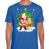 Foute Kerst t-shirt met de kerstman en rendier Rudolf blauw voor heren XXL