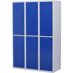 Lockerkast metaal met slot | Stalen lockerkast | Locker 6 deurs 3 delig | Grijs/blauw | 180x120x50 cm | LKP-1056