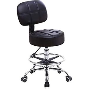 QPFO® Verstelbare Kruk met Rugleuning en Wieltjes - Comfortabele Salonstoel van Zwart PU Leer
