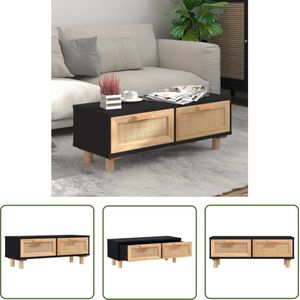 The Living Store Salontafel Naturel Rattan - 80 x 40 x 30 cm - Zwarte kleur - Hoge kwaliteit hout - 2 lades - Massief grenenhouten poten