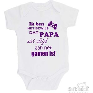 100% katoenen Romper ""Ik ben het bewijs dat PAPA niet altijd aan het gamen is!"" Meisjes Katoen Wit/paars Maat 62/68