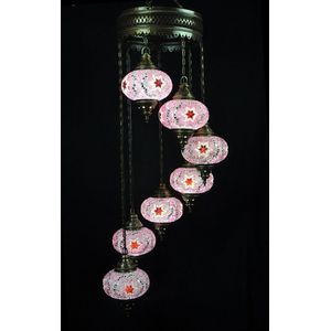 Turkse Lamp - Hanglamp - Mozaïek Lamp - Marokkaanse Lamp - Oosters Lamp - ZENIQUE - Authentiek - Handgemaakt - Kroonluchter - Roze - 7 bollen