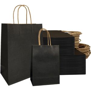 VD WEIDE ENTERPRISE - Zwarte kraftpapieren zakken met handvat - 50 stuks - groot formaat - verjaardag bruiloft - 21 x 8 x - geschenkzakjes - Kerstmis - verpakking - meeneemzakken .