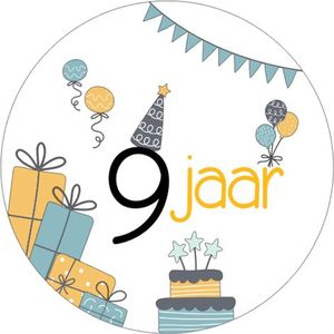 25x Sluitsticker 9 Jaar - Geel Blauw - 40 mm - Verjaardags sticker - Sluitzegel - Sticker Verjaardag jongens meisjes - Ballonnen - Cadeau's Kado's - Glossy - Sluitzegel - Wensetiket - Uitdelen - Jarig - Trakteren - Hoera