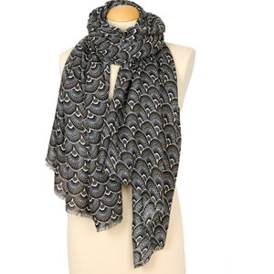 Viscose sjaal met pauwenveren print - zwart/grijs - zomersjaal met dessin - sjaal voor dames - siersjaal - pauwenveer