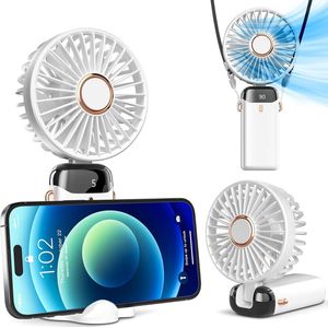Draagbare Handventilator - Batterijgevoed - Met Basis - 8 Uur Gebruiksduur - Digitaal Display - 5 Snelheden - 90° Verstelbaar - Oplaadbaar - Mini Ventilator voor Binnen en Buiten - Wit