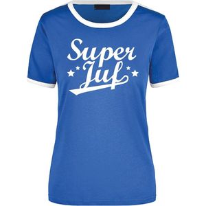 Super juf blauw/wit ringer t-shirt voor dames - Einde schooljaar/ juffendag/ lerares cadeau shirt S